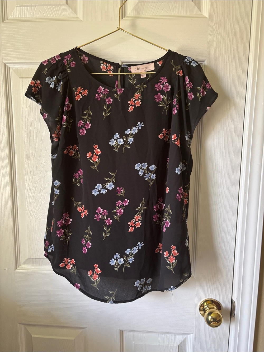 Philosophy Black Floral Cap-Sleeve Blouse with Pink, Blue & Coral Blooms size S